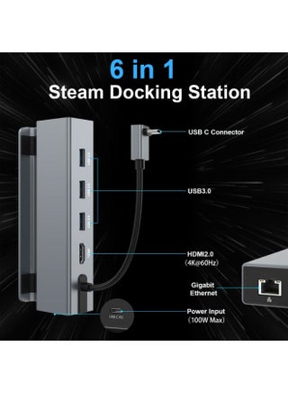 محطة إرساء Steam Deck متعددة الوظائف 6 في 1 مع HDMI 4K@60Hz، إيثرنت جيجابت، 3 منافذ USB 3.0 وشحن USB-C PD 100 واط، هيكل من الألمنيوم لأجهزة Steam Deck و ROG Ally والأجهزة اللوحية والهواتف - view 3